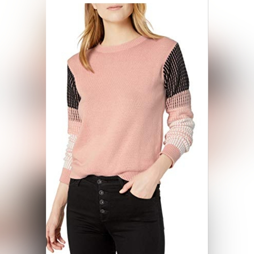 KOITMY Color Block Sweater Women's Pink Crew Neck Knit Pullover Long Sleeve Size